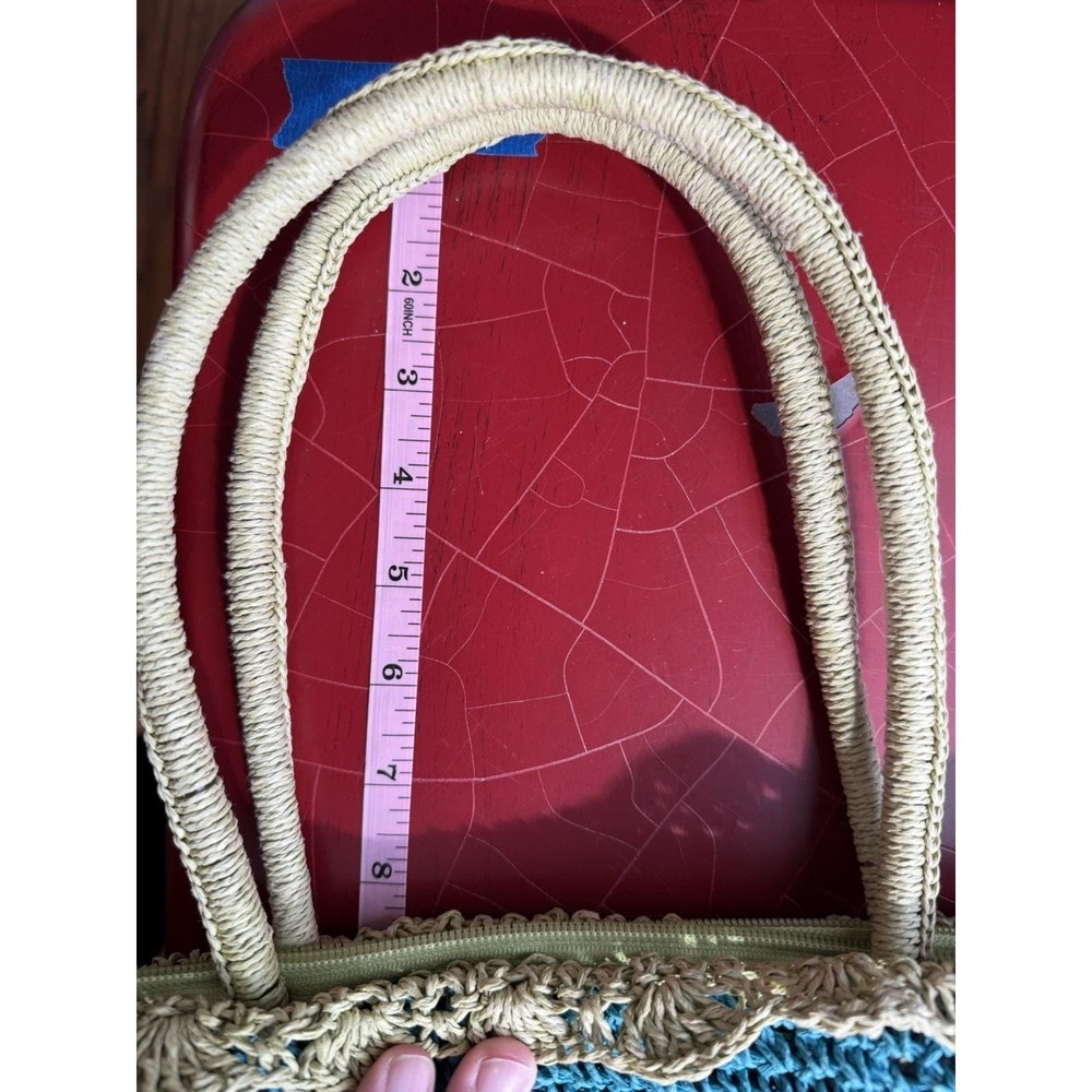 Vintage Tropical Fish Embroidered Crochet Straw Tote Bag Blue Summer Vacation - Picture 11 of 14